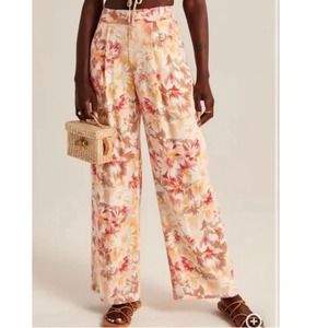 Abercrombie & Fitch Linen Pull On Peach Orange Pink Floral Wide Leg Pants